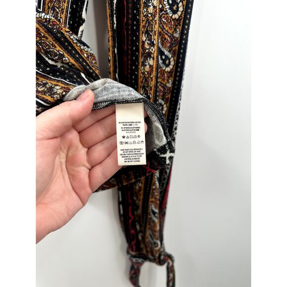 Free People Donatella Turtleneck XS Tie Sleeve Black Gold Red Floral Paisley - Picture 6 of 10